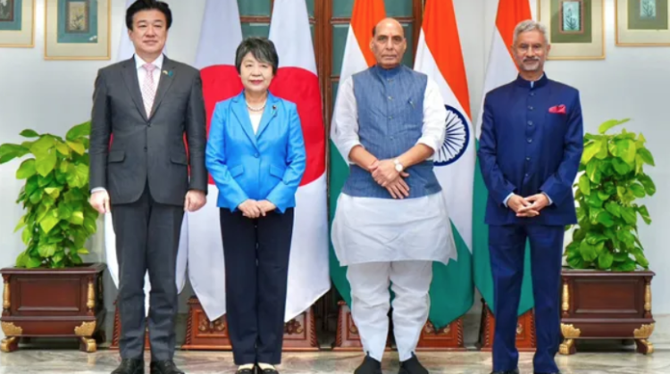 Defence Minister Rajnath Singh and External Affairs Minister S. Jaishankar with Japanese Defence Minister Minoru Kihara and Foreign Minister Yoko Kamikawa . photo :ARGUS