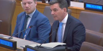 James Martin Larsen, Australia’s Ambassador and Permanent Representative to the United Nations, delivers a joint statement on human rights abuses in Tibet and East Turkistan. Photo source: UN Web TV