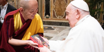 His Eminence Kundeling Tatsang  Rinpoche met with the Pope Francis during the Interfaith Conference at Vatican City. Tibettimes Photo 5/12/2024