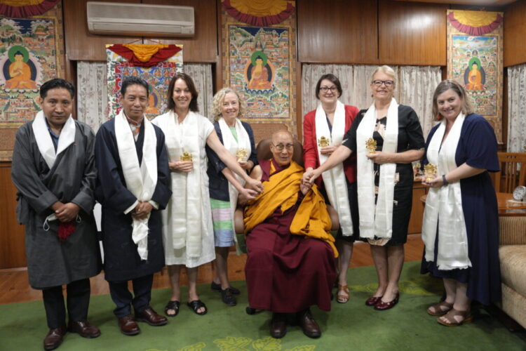 His Holiness the Dalai Lama with the four-member parliamentary delegation, Secretary Karma Choeying (far left) and Representative Karma Singey. Photo: OHHDL