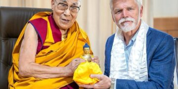 On 27 July 2025, His Holiness the 14th Dalai Lama met Czech President Petr Pavel at Shewatsel Phodrang in Leh, Ladakh. Photo Credit: Office of the Dalai Lama