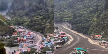 the before after view of an inhabitated area damaged in a flash flood triggered by a cloudburst at Dharali, in Uttarakhand's Uttarkashi district on August 5. (Image: PTI)