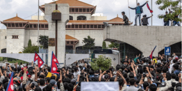 Demonstrators gather outside Nepal’s parliament during a protest in Kathmandu on Monday. Photograph: Prabin Ranabhat/AFP/Getty Image