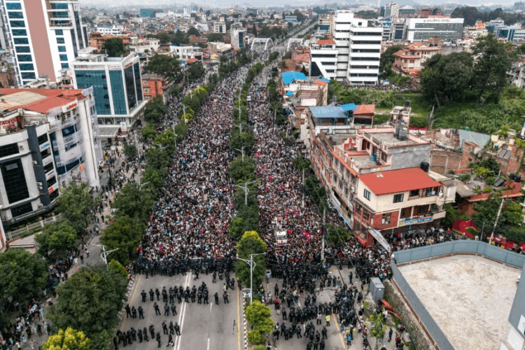 An aerial view shows demonstrators gathered outside Nepal's Parliament during a protest in Kathmandu on September 8, 2025. Prabin Ranabhat/AFP/Getty Image