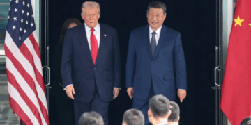 U.S. President Donald Trump and Chinese President Xi Jinping walk as they leave after a bilateral meeting at Gimhae International Airport, on the sidelines of the Asia-Pacific Economic Cooperation (APEC) summit, in Busan, South Korea, October 30, 2025. REUTERS/Evelyn Hockstein Purchase Licensing Rights