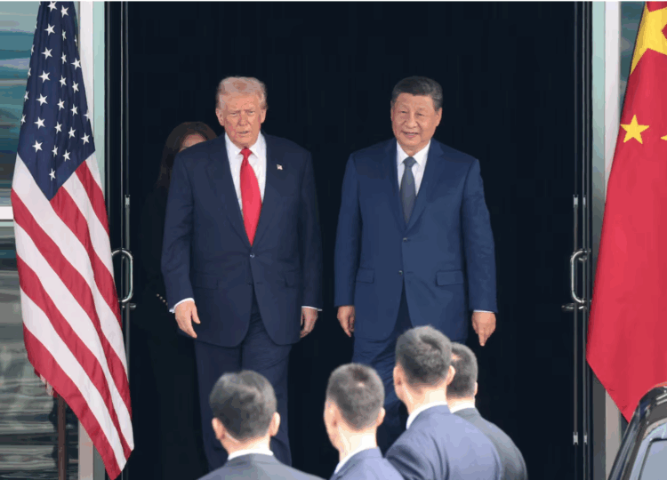 U.S. President Donald Trump and Chinese President Xi Jinping walk as they leave after a bilateral meeting at Gimhae International Airport, on the sidelines of the Asia-Pacific Economic Cooperation (APEC) summit, in Busan, South Korea, October 30, 2025. REUTERS/Evelyn Hockstein Purchase Licensing Rights