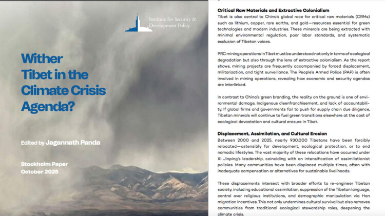 སུ་ཊོག་ཧོམ་སི་ཤར་ཨེ་ཤ་ཡ་དང་རྒྱ་གར་ཞི་བདེ་རྒྱ་མཚོའི་གནད་དོན་ལྟེ་གནས་ཁང་གིས་(The Stockholm Center for South Asian and Indo-Pacific Affairs) བོད་ནང་གི་གནམ་གཤིས་འགྱུར་ལྡོག་དང་འབྲེལ་བའི་སྙན་ཐོ་ཞིག་བཏོན། སྙན་ཐོའི་པར། ༢༠༢༥།༡༠།༠༦