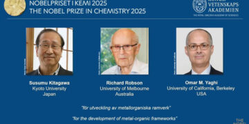 From left, Susumu Kitagawa, Richard Robson and Omar Yaghi, winners of the Nobel Prize in Chemistry, announced at the Nobel Assembly of the Karolinska Institutet, in Stockholm, Sweden, on October 8, 2025