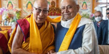 His Holiness the Dalai Lama and Bihar Chief Minister Nitish Kumar in Bodhgaya, Bihar, India on December 21, 2023. Photo by Tenzin Choejor