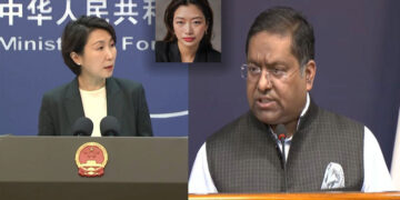 རྒྱ་ནག་གི་ཕྱི་འབྲེལ་མགྲིན་ཚབ་པ་མའོ་ལིན་དང་རྒྱ་གར་གྱི་ཕྱི་འབྲེལ་མགྲིན་ཚབ་པ་སྐུ་ཞབས་རན་དྷིར།