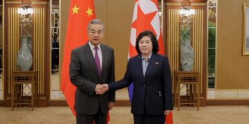 this photo provided by the North Korean government, its Foreign Minister Choe Son Hui, right, and her Chinese counterpart Wang Yi pose for a photo at the Kumsusan Palace of the Sun in Pyongyang, North Korea, Thursday, April 9, 2026. | Photo Credit: AP