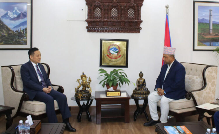 FM Shisir Khanal with Chinese envoy Zhang Maoming on April 7, 2026 (Photo/The Kathmandu Post)