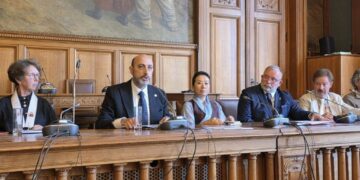 (From L to R) Dr Nicola Censini, European Parliament, Stefano Bettera, President EBU, Representative Rigzin Genkhang & Carlo Luyckx, Vice-President EBU & President Belgium Buddhist Union
