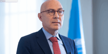 Volker Türk, High Commissioner for Human Rights, welcomes the journalist at the Palais Wilson. 17 October 2022. UN photo by Violaine Martin