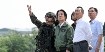 Taiwan's President Lai Ching-te (2nd-L) and Defence Minister Wellington Koo (3rd-L) (Photo by I-Hwa Cheng / AFP via Getty Images)